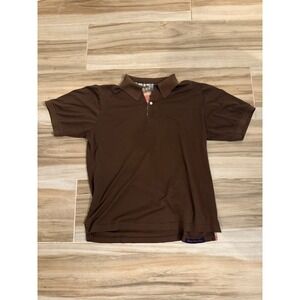 Robert Graham Mens Brown Pique Cotton Polo Shirt Plaid Trim Size M Short Sleeve